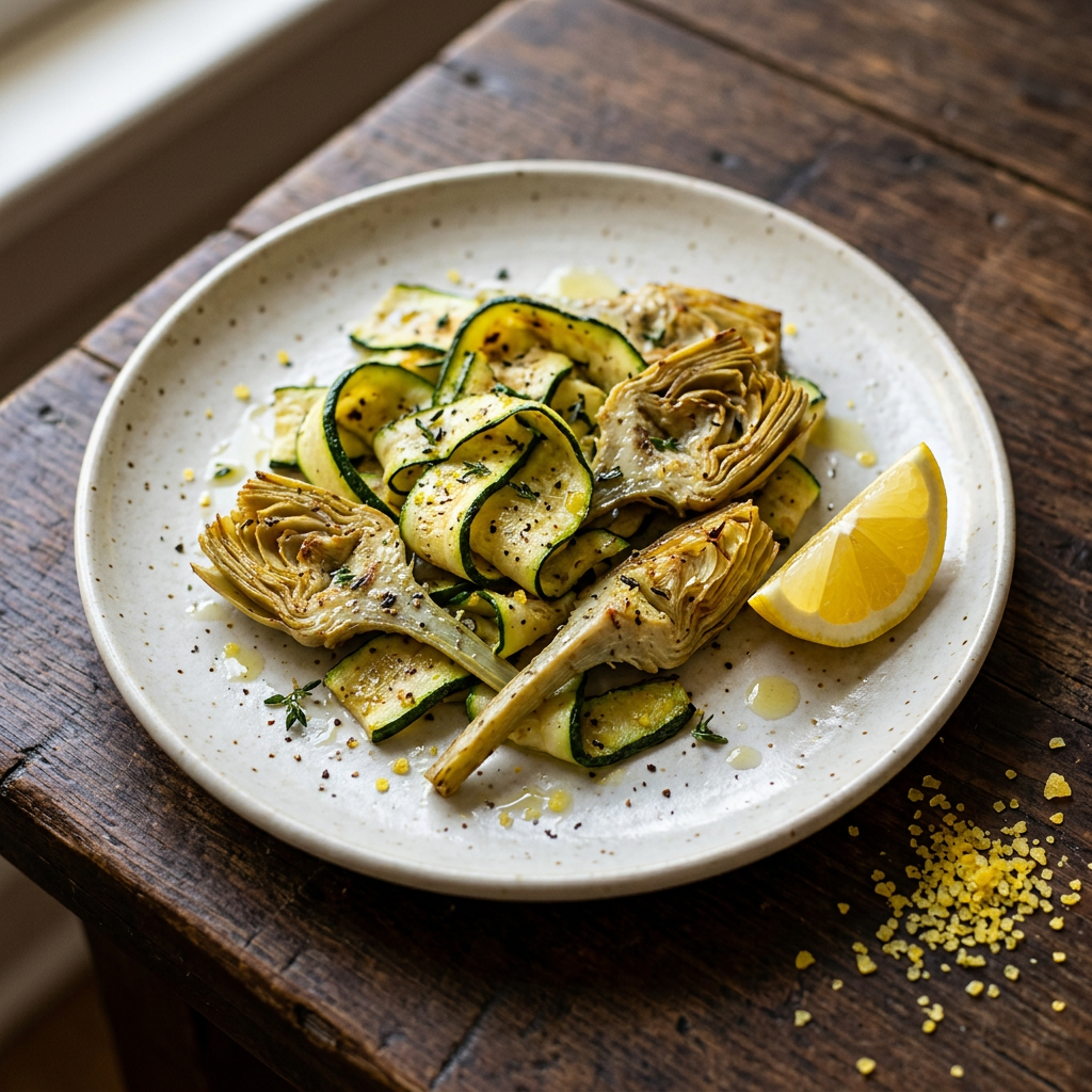 Geröstete Zucchini und Artischocken mit Zitronensalz und Zitrone