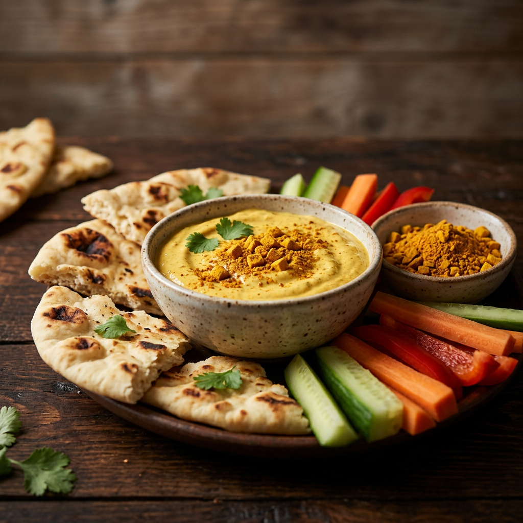 Cremiger Bombay-Dip mit Naanbrot und Gemüsesticks