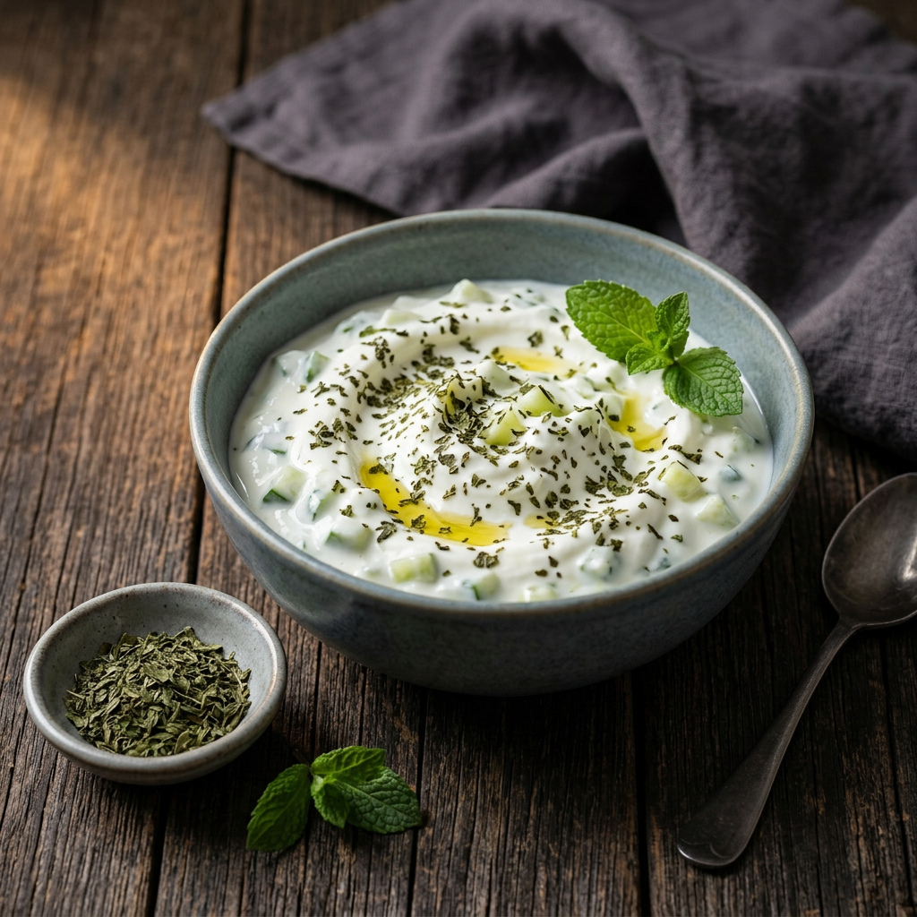 Joghurt-Gurken-Dip mit getrockneter Minze, Öl und frischen Minzblättern, daneben getrocknete Minze in einer Keramikschale auf rustikalem Holz