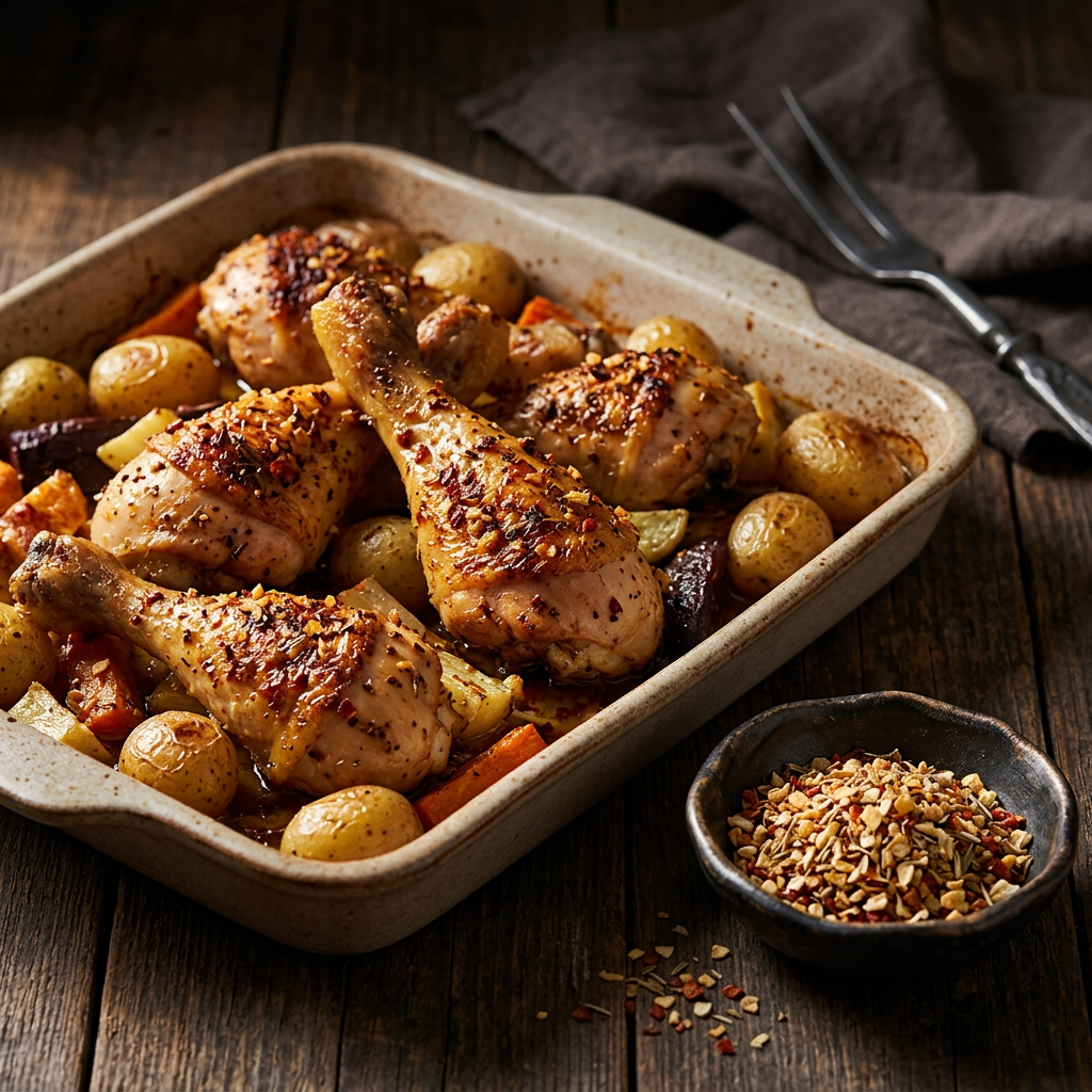 Gebratene Hähnchen-Keulen mit Babykartoffeln und Wurzelgemüse