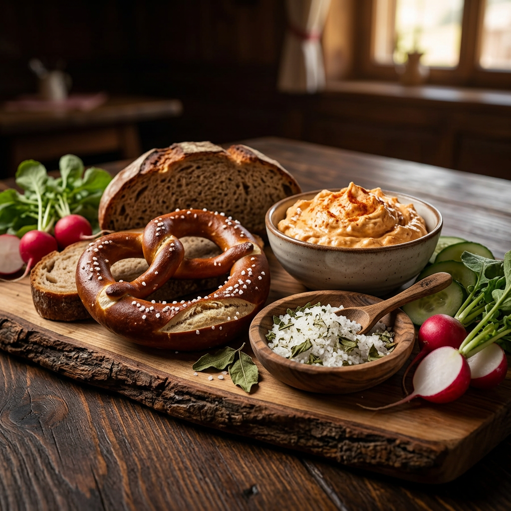 Brotzeitbrett mit Breze, Obazda, Radieschen und Kräutersalz