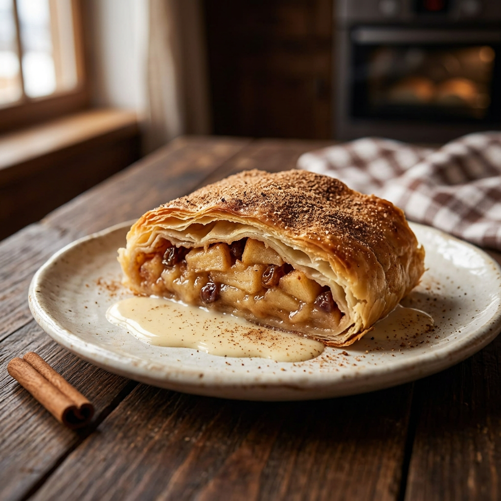 Apfelstrudel mit Vanillesauce und Zimtzucker