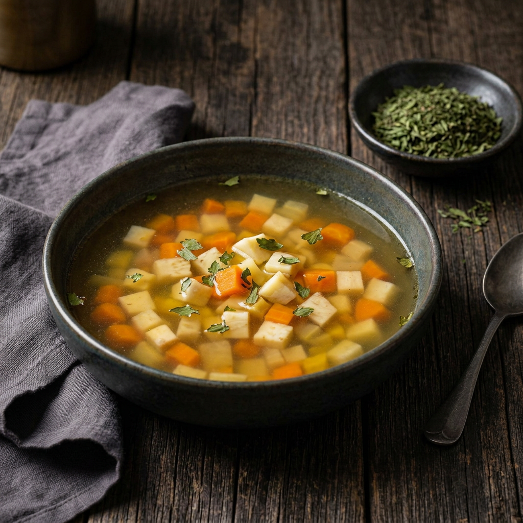 Klare Gemüsesuppe mit Karotten, hellem Wurzelgemüse und Liebstöckel, daneben getrockneter Liebstöckel in einer Keramikschale auf dunklem Holz