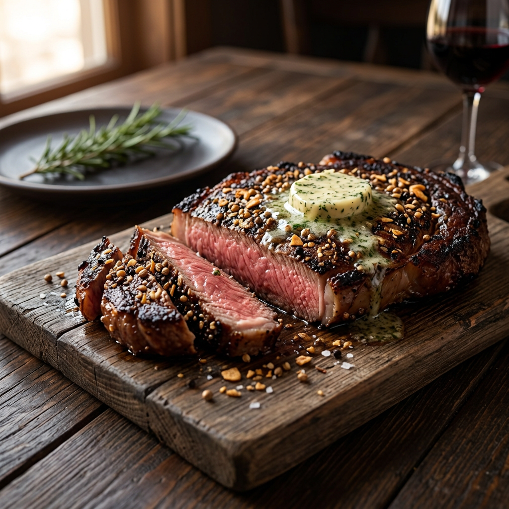 Ribeye-Steak mit Alpen-Steak-Gewürzkruste und schmelzender Kräuterbutter
