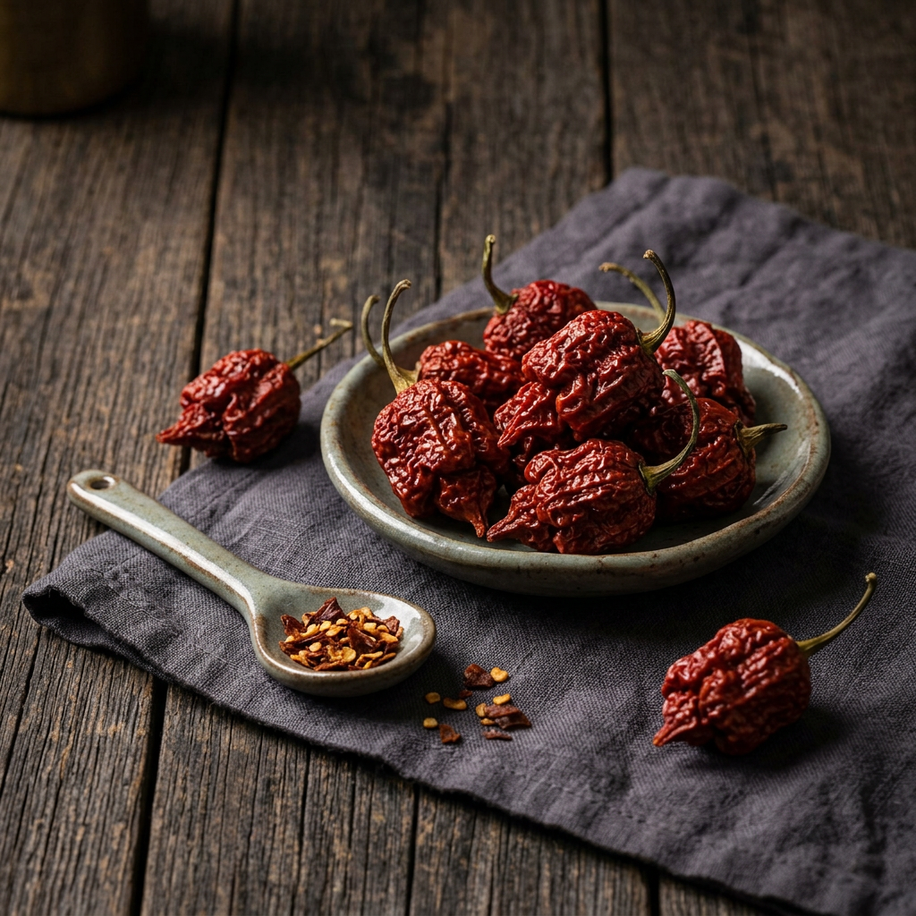 Stimmungsbild mit getrockneten Carolina-Reaper-Chilis und einer kleinen Keramikschale auf dunklem Holz