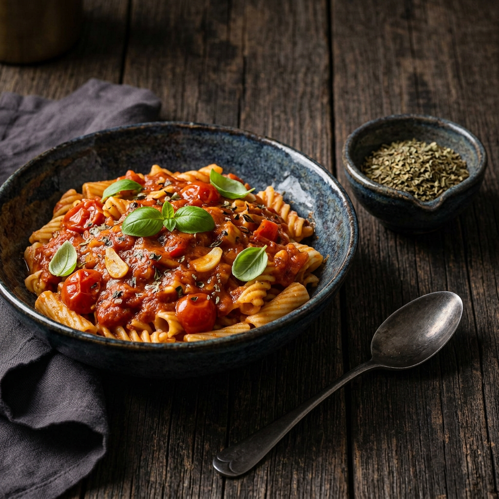 Pasta mit Tomatensauce, Knoblauch und Basilikumblättern, daneben getrocknetes Basilikum in einer Keramikschale auf dunklem Holz
