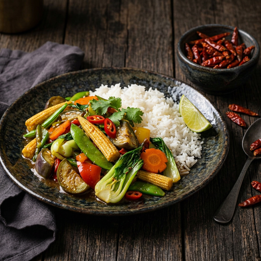 Thailändisches Pfannengemüse mit Reis und getrockneten Bird’s-Eye-Chilis auf einem rustikalen Holztisch