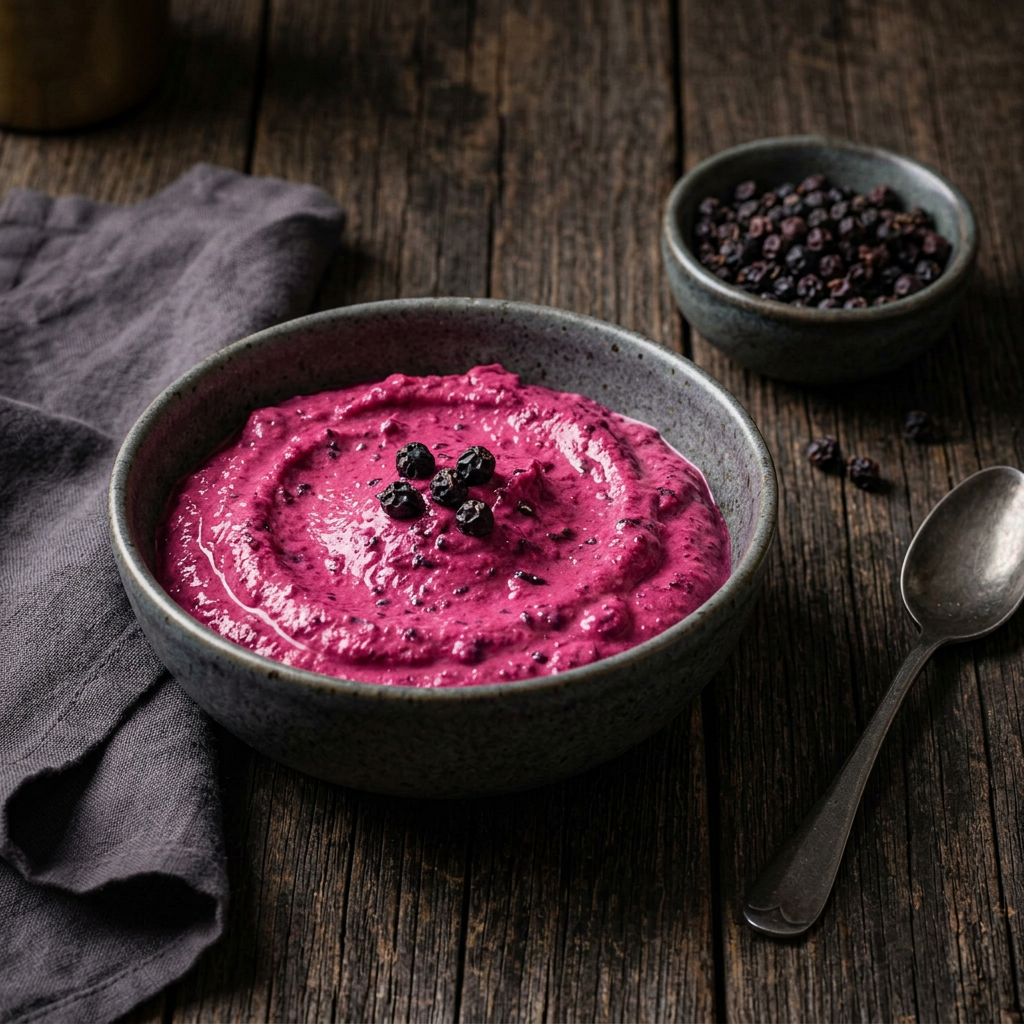 Pinkfarbener cremiger Dip mit dunklen Bergpfefferbeeren, daneben eine Keramikschale mit Tasmanischem Bergpfeffer auf dunklem Holz