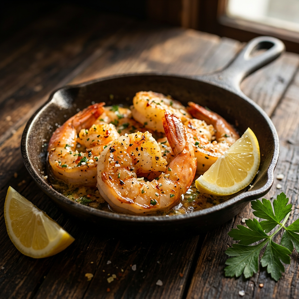 Garnelen in Knoblauchbutter mit Chili-Knoblauch-Salz in der Pfanne