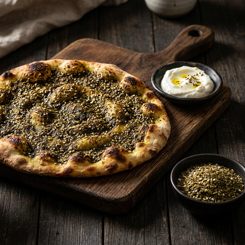 Manakish-Fladenbrot mit Zahtar und Olivenöl, dazu Labneh