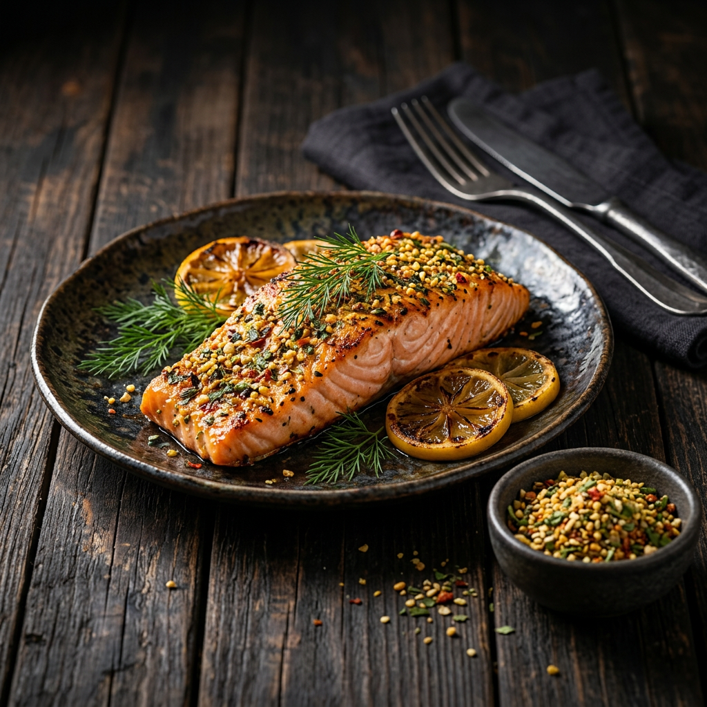 Gegrillter Lachs mit Zitrus-Kräuterkruste und Zitronenscheiben