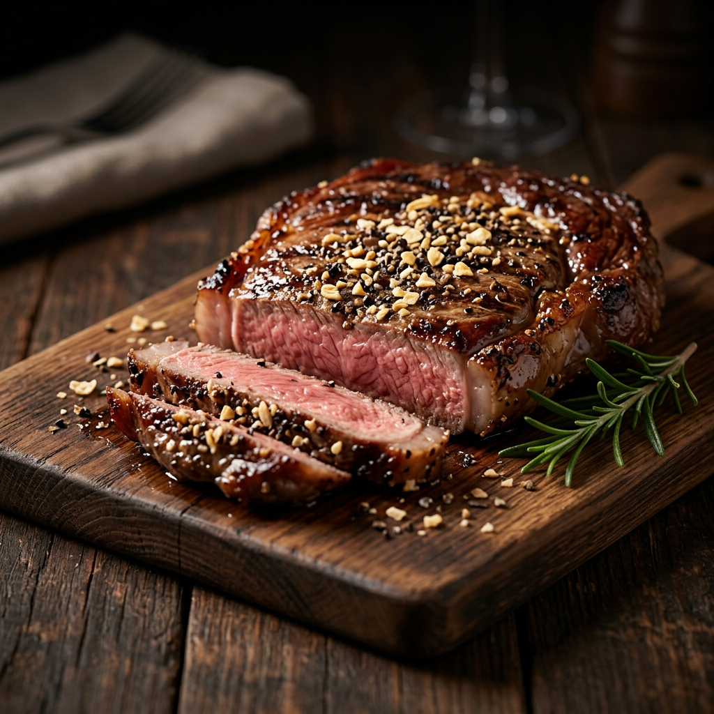 Gegrilltes Steak mit Knoblauch-Pfeffer-Kruste und Rosmarin