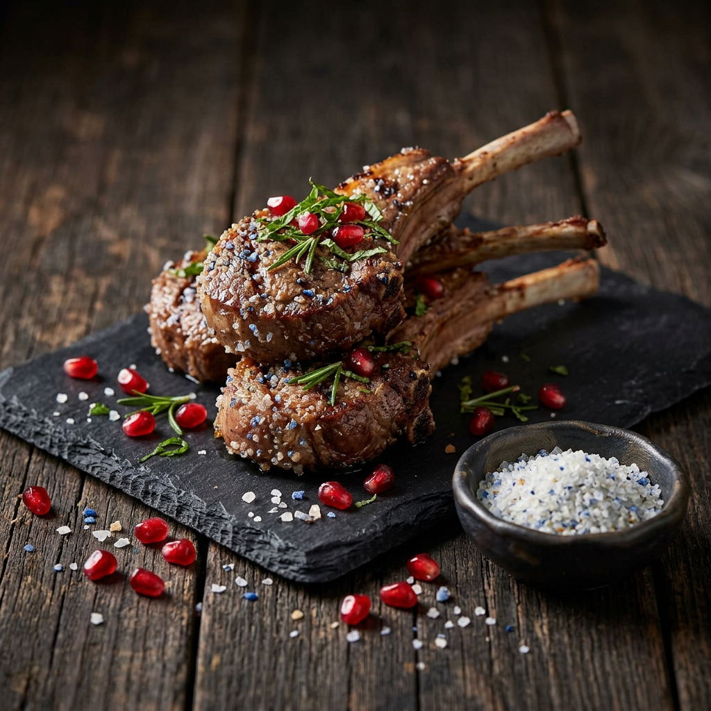 Gegrillte Lammkoteletts mit Blausalz-Kruste und Granatapfelkernen