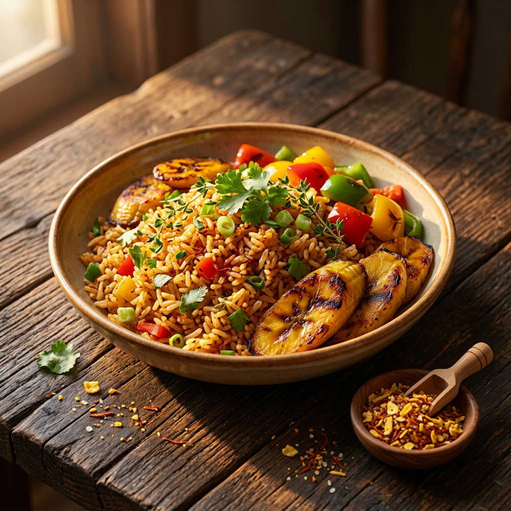 Karibisches Reisgericht mit Kochbananen und Paprika