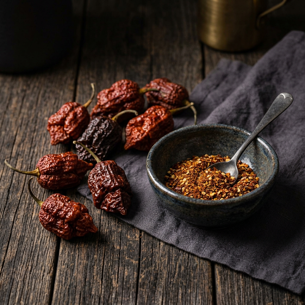 Stimmungsbild mit getrockneten Trinidad-Scorpion-Chilis und einer dunklen Keramikschale auf rustikalem Holz