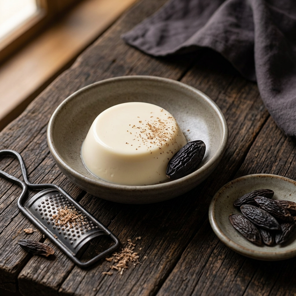 Cremige Panna cotta mit feinem Gewürzabrieb und ganzer Tonkabohne in einer Keramikschale, daneben eine kleine Reibe und ganze Tonkabohnen auf rustikalem Holz