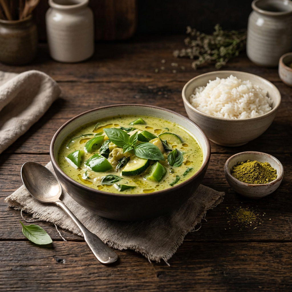 Grünes Curry mit Kokosmilch, grünem Gemüse und Thai-Basilikum