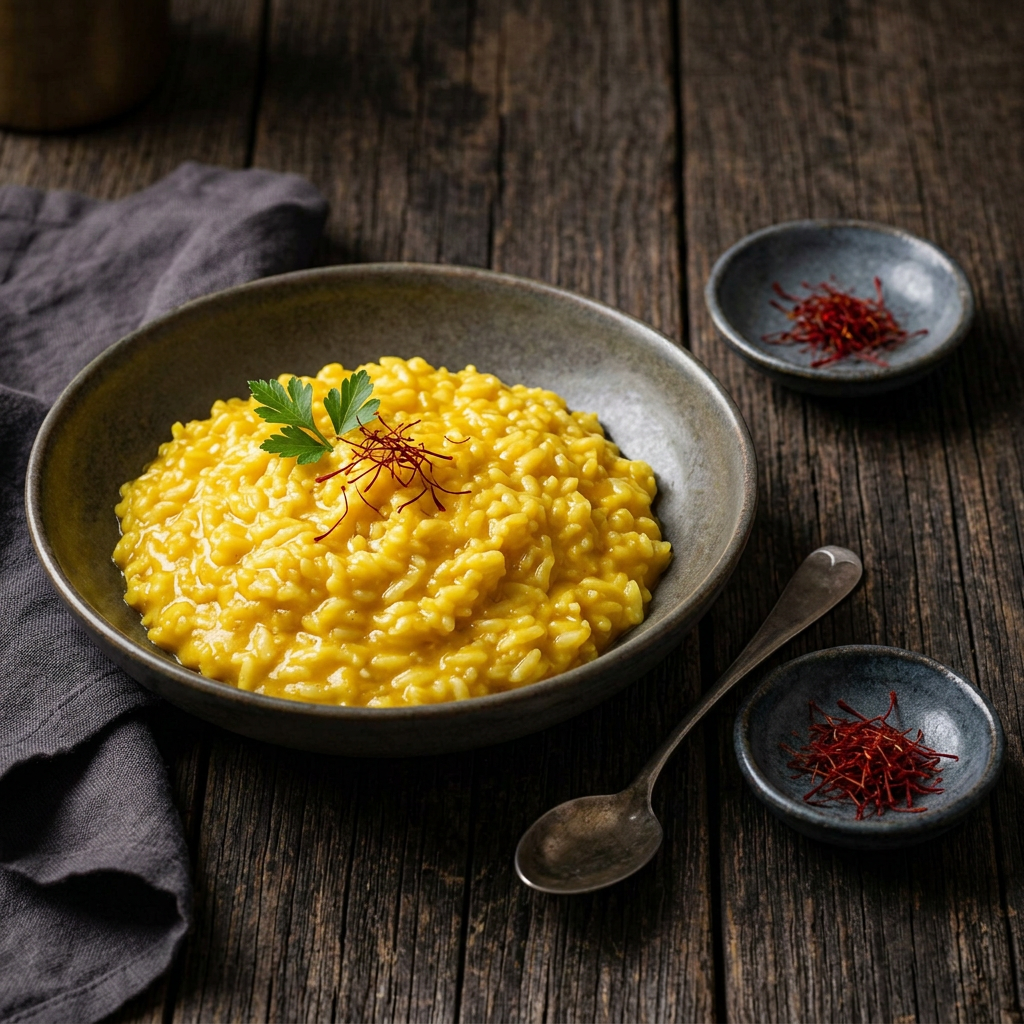 Goldgelbes Safranrisotto mit Safranfäden und Petersilie in einer Keramikschale, daneben rote Safranfäden in kleinen Schälchen auf rustikalem Holz