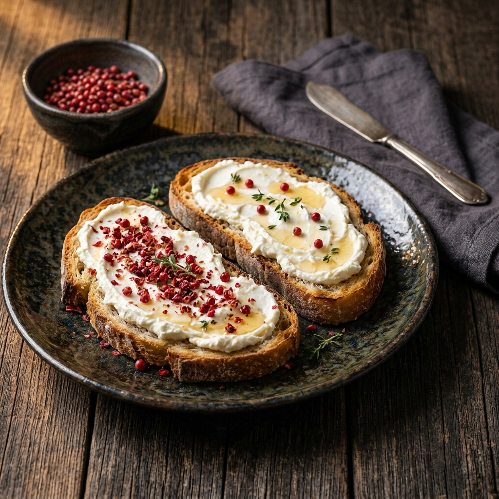 Rustikale Brotscheiben mit cremigem Aufstrich, ganzen und zerstoßenen rosa Beeren und Kräutern, daneben eine Schale rosa Beeren auf dunklem Holz