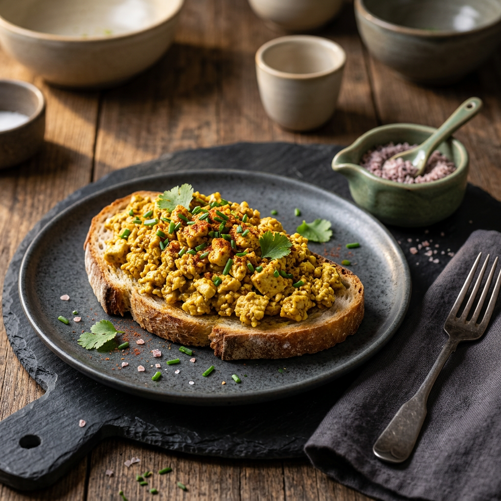 Goldgelbes Tofu-Rührei mit Kräutern auf einer Scheibe Brot auf einem dunklen Keramikteller, daneben eine kleine Schale Kala Namak auf rustikalem Holz