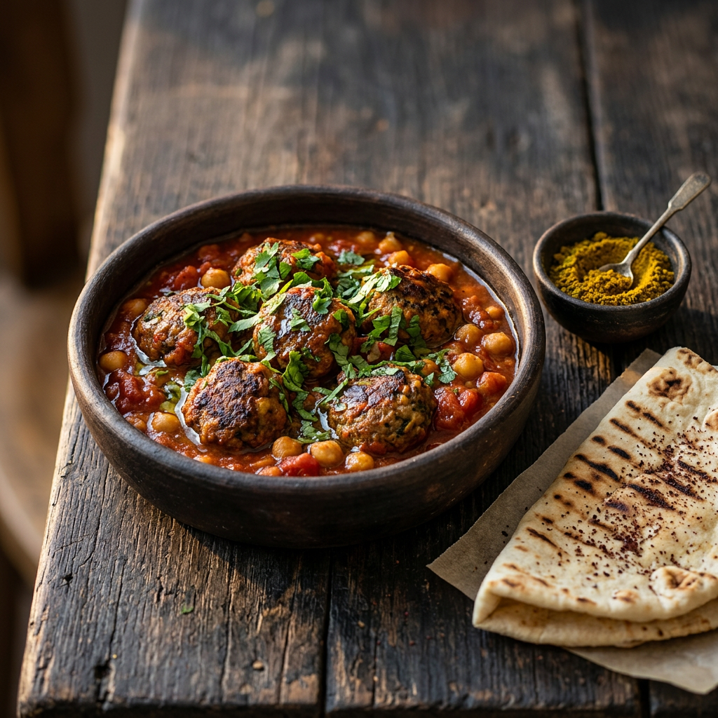 Kefta-Hackfleischbällchen in Tomaten-Kichererbsen-Sauce mit Fladenbrot