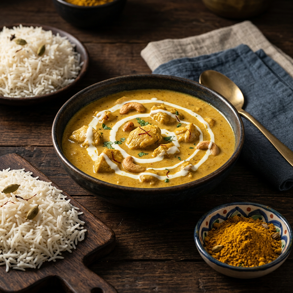 Mogul-Masala-Curry mit Hähnchen und Kokos, angerichtet im Keramiktopf mit Reis