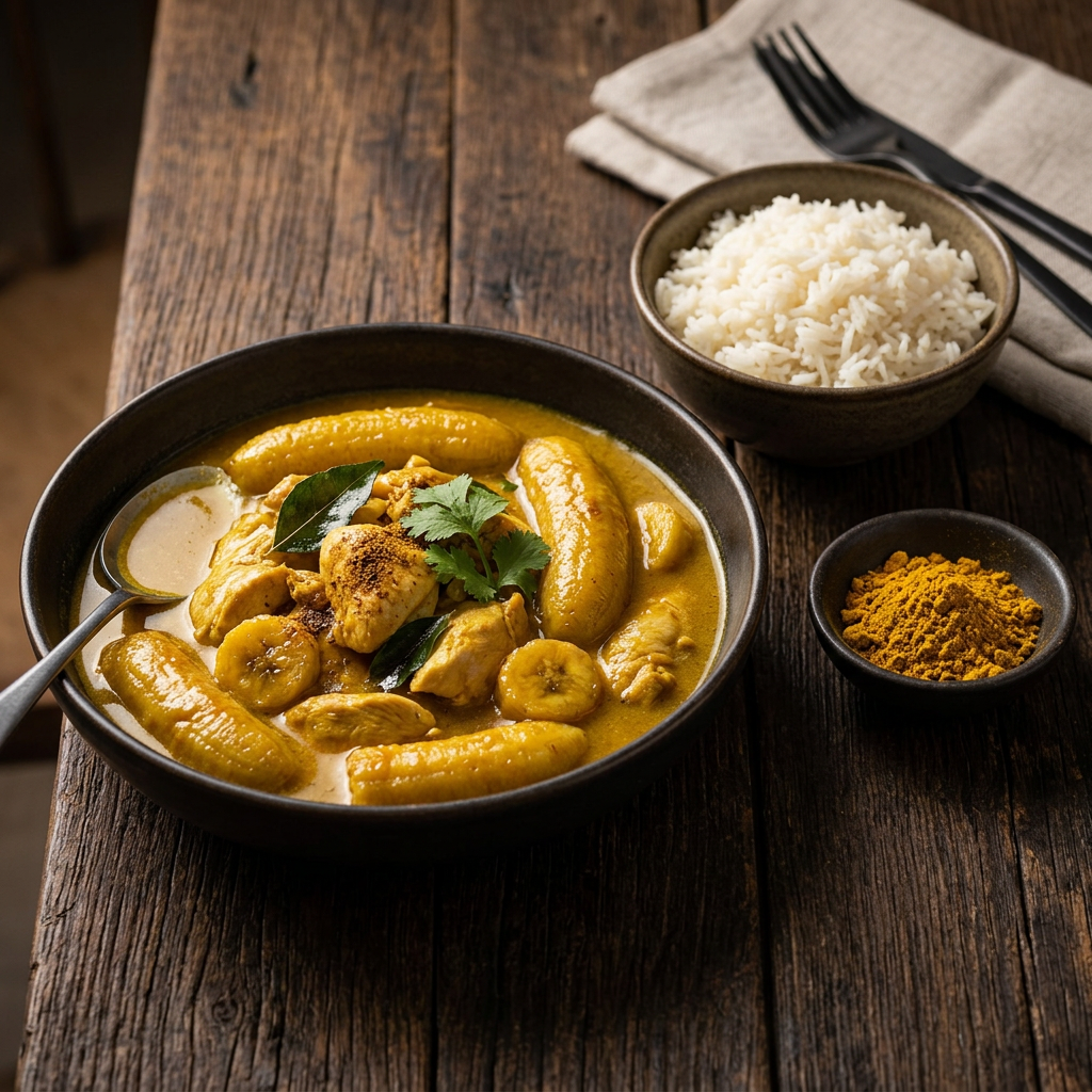 Bananencurry mit Hähnchen in goldener Soße mit Jasminreis