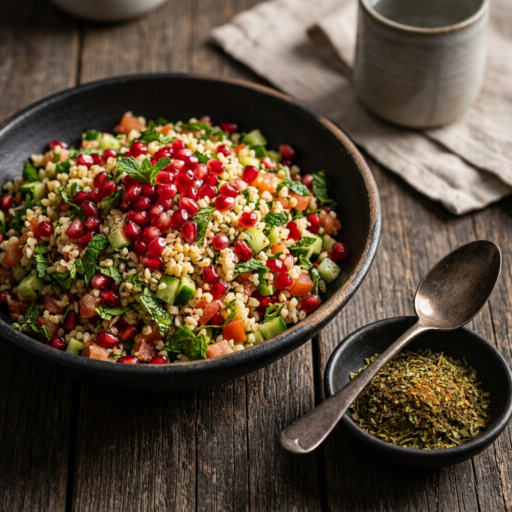 Orientalischer Bulgursalat mit Granatapfelkernen, Gurke und frischer Minze