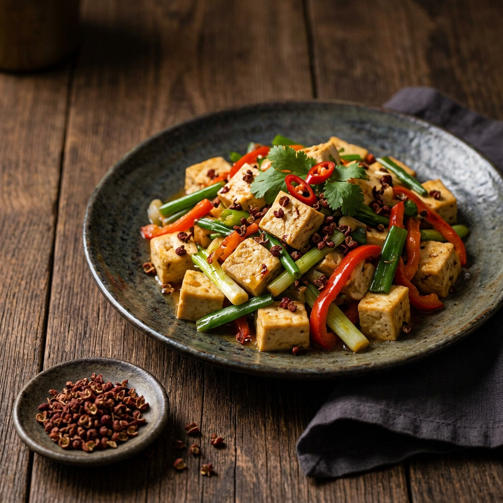 Gebratener Tofu mit Paprika, Frühlingszwiebeln und Szechuan-Pfeffer, daneben Pfefferschalen in einer Keramikschale auf dunklem Holz