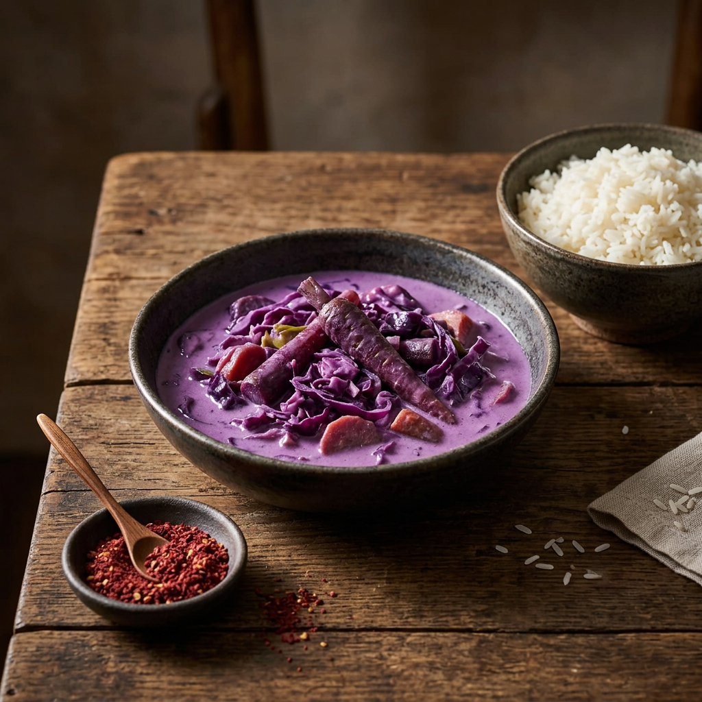Violettes Curry mit Blaukraut und Aubergine in cremiger Soße, dazu Reis