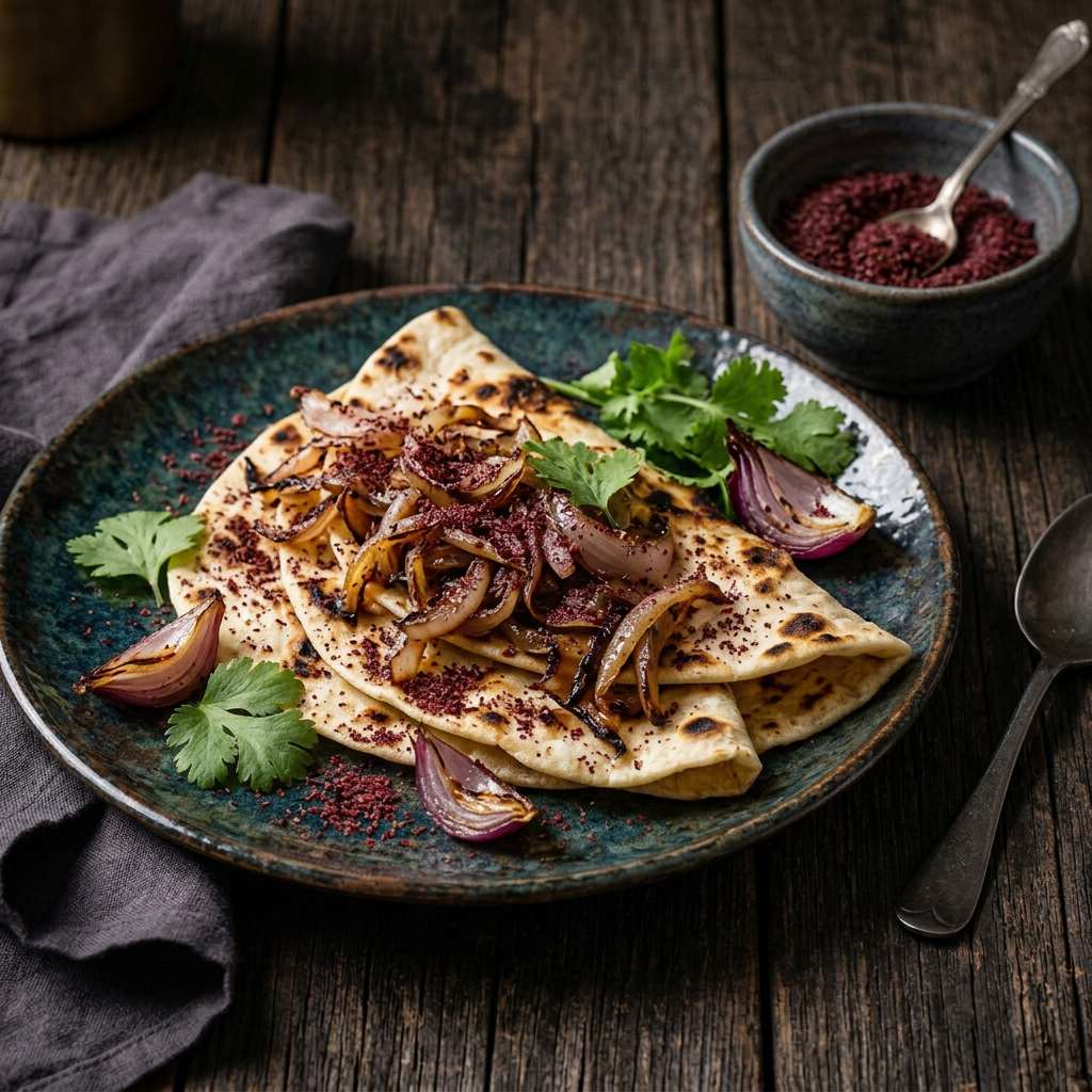 Fladenbrot mit gerösteten roten Zwiebeln, Sumach und frischem Koriander auf einem Keramikteller, daneben eine kleine Schale Sumach mit Löffel auf dunklem Holz