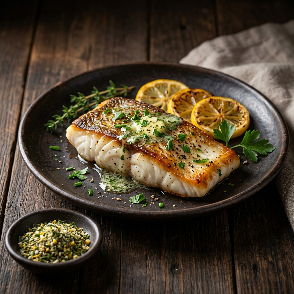 Gebratenes Fischfilet mit Kräuterbutter und Zitrone