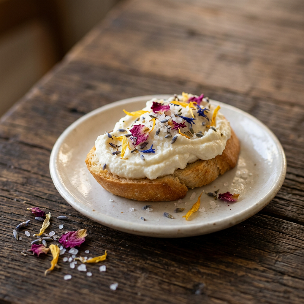 Ricotta-Crostini mit buntem Blütensalz