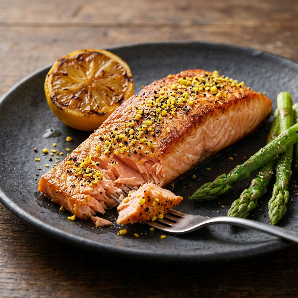 Gebratener Lachs mit Zitronenpfeffer, grünem Spargel und Zitrone