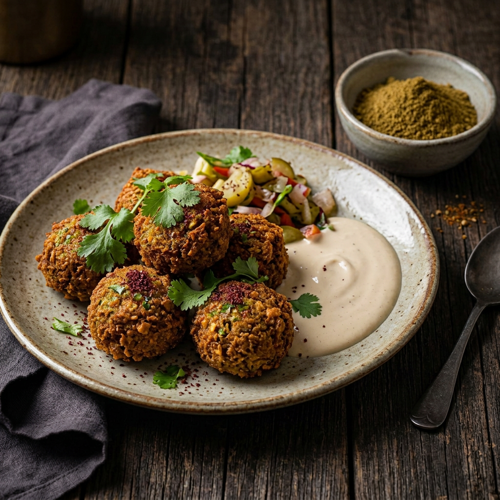 Goldbraune Falafel mit cremigem Dip, Gemüse und Koriander auf einem Keramikteller, daneben gemahlener Kreuzkümmel in einer Schale auf rustikalem Holz