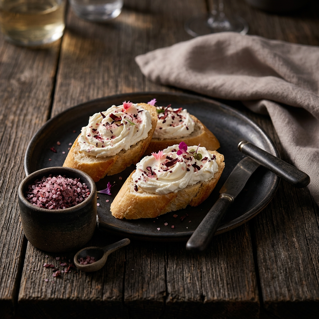 Ziegenkäse-Crostini mit pinkem Hibiskussalz und Blüten