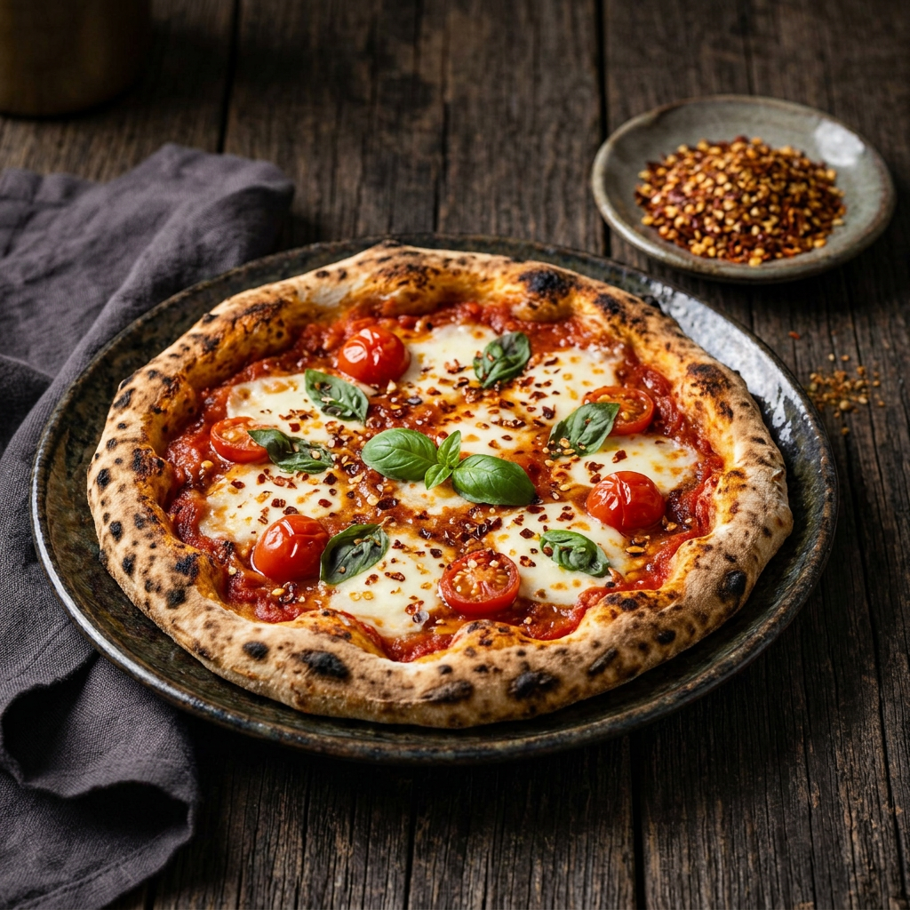 Rustikale Tomatenpizza mit Chiliflocken auf einem dunklen Holztisch