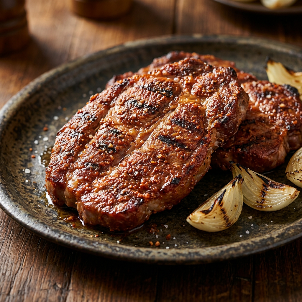 Gegrillte Schweinenackensteaks mit Gsiberger-Grillrub-Gewürzkruste und gerösteten Zwiebeln