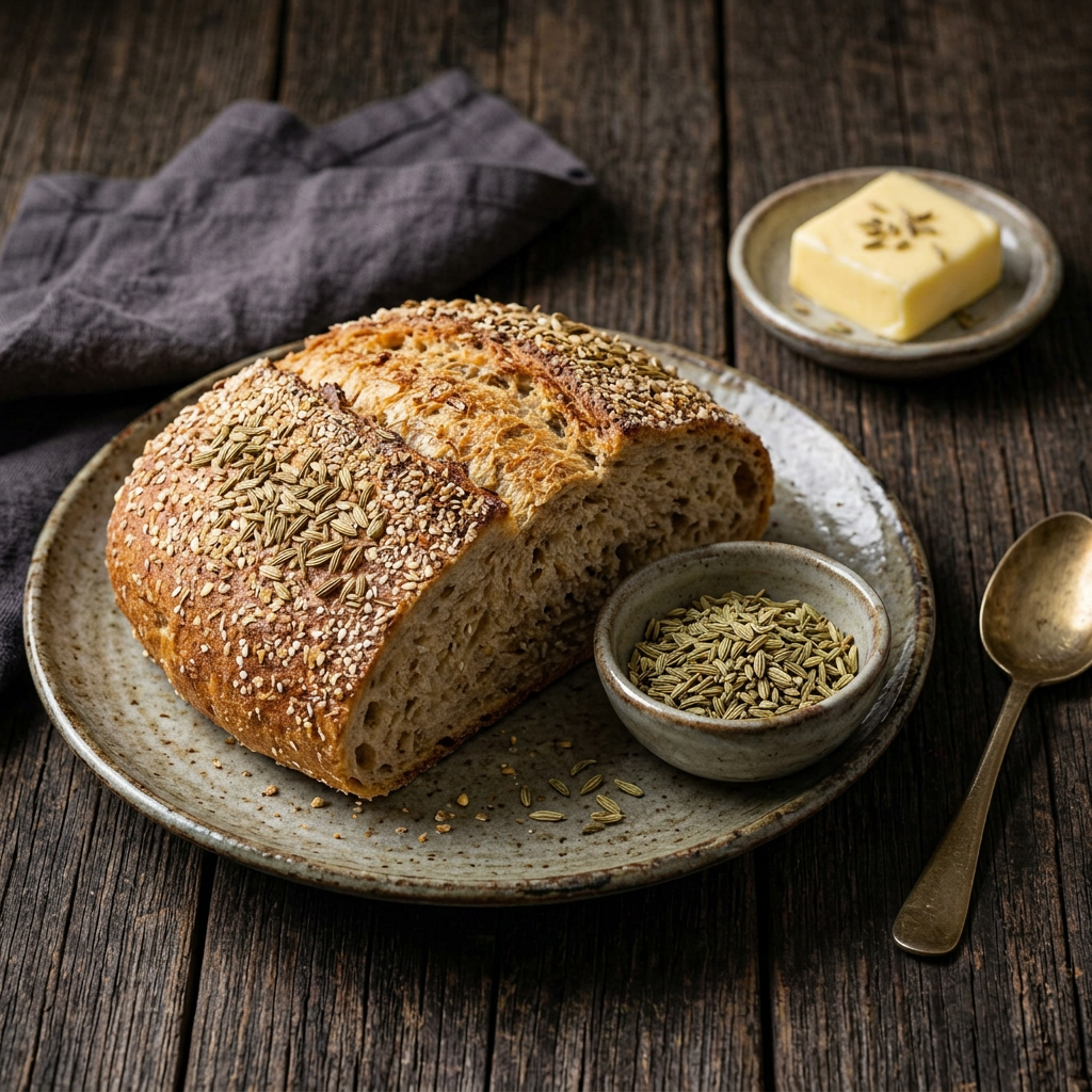 Rustikales Brot mit Fenchelsamen auf einem Keramikteller, daneben ganze Fenchelsamen in einer Schale und Butter auf dunklem Holz