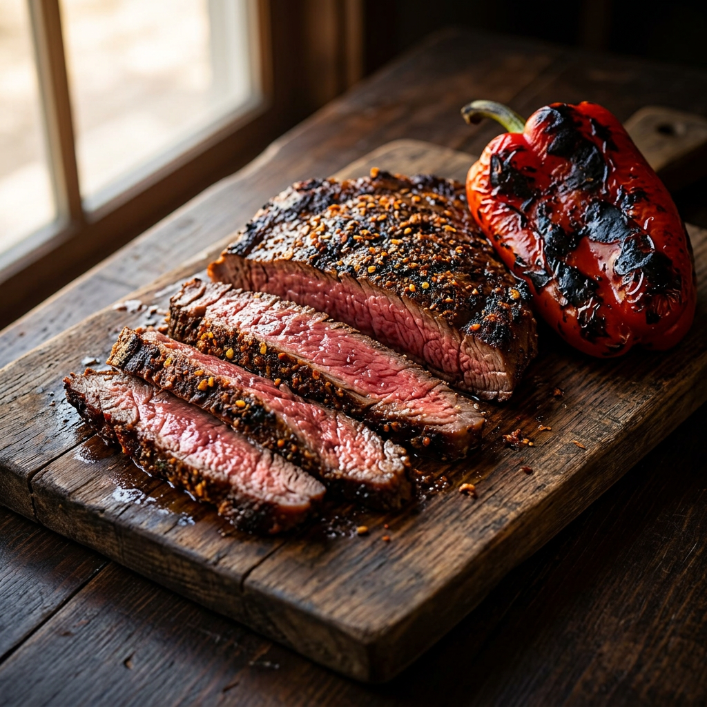 Gegrilltes Flanksteak mit El-Gaucho-BBQ-Rub-Gewürzkruste und gerösteter Paprika