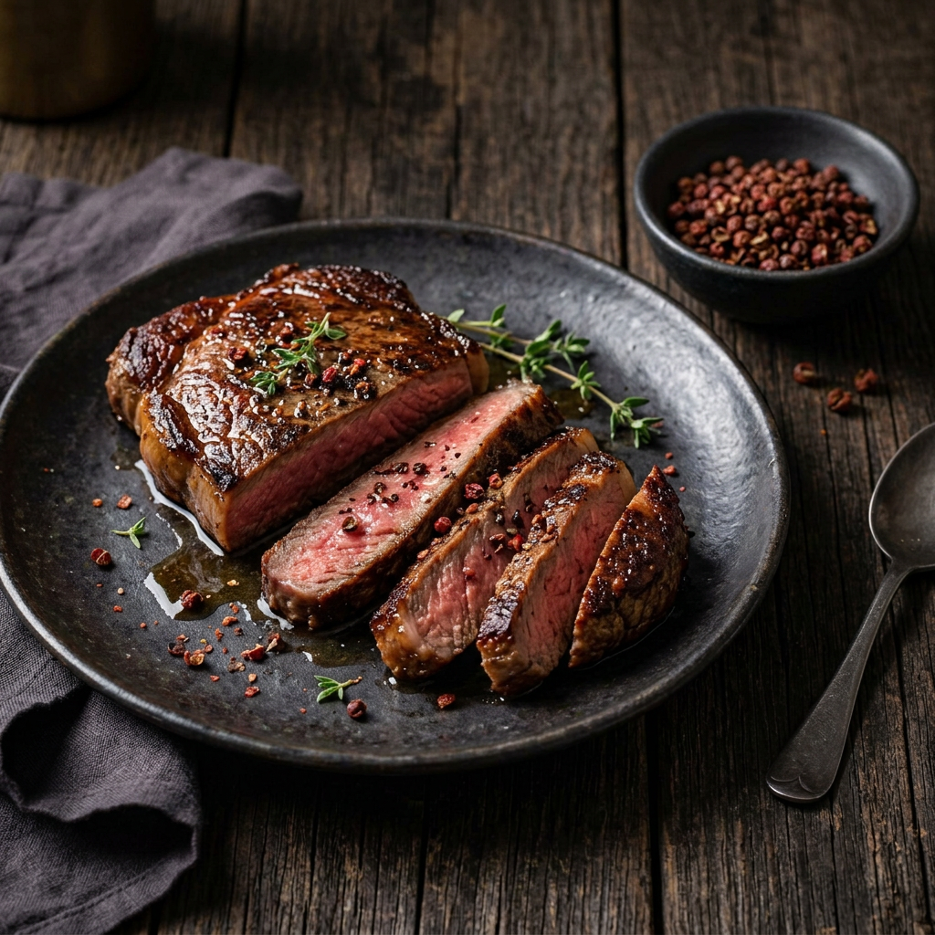 Rosa gebratenes, aufgeschnittenes Steak mit zerstoßenem rotem Kampot-Pfeffer und Kräutern, daneben Pfefferkörner in einer Keramikschale auf dunklem Holz