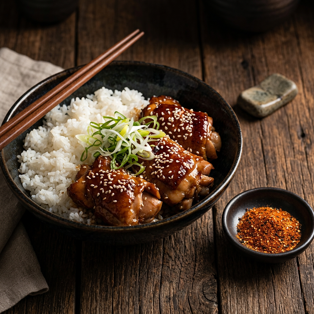Japanisches Udon-Gericht mit Pilzen und Frühlingszwiebeln