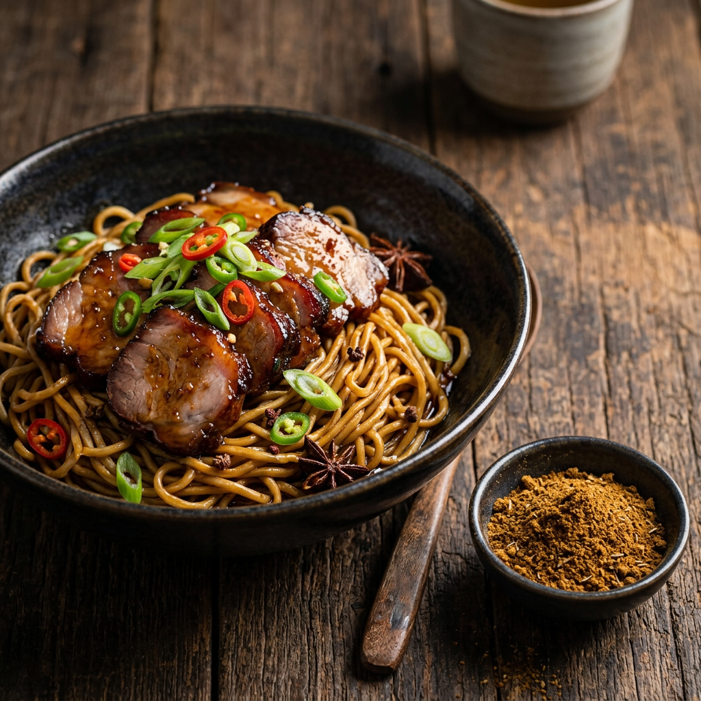 Chinesisches Wok-Gericht mit Hoi-Sin-Sauce und Frühlingszwiebeln