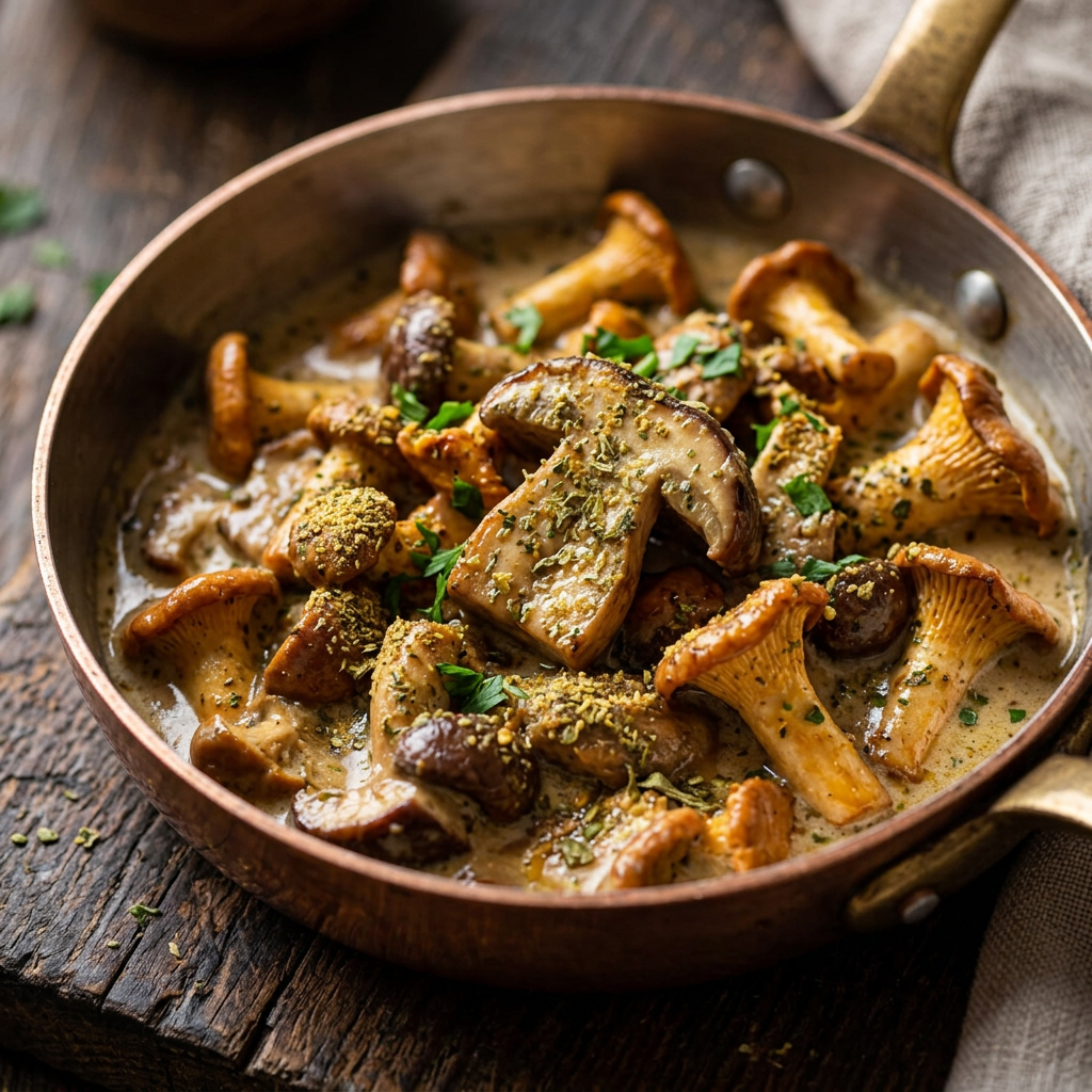 Cremige Waldpilzpfanne mit Pfifferlingen und Kräutern