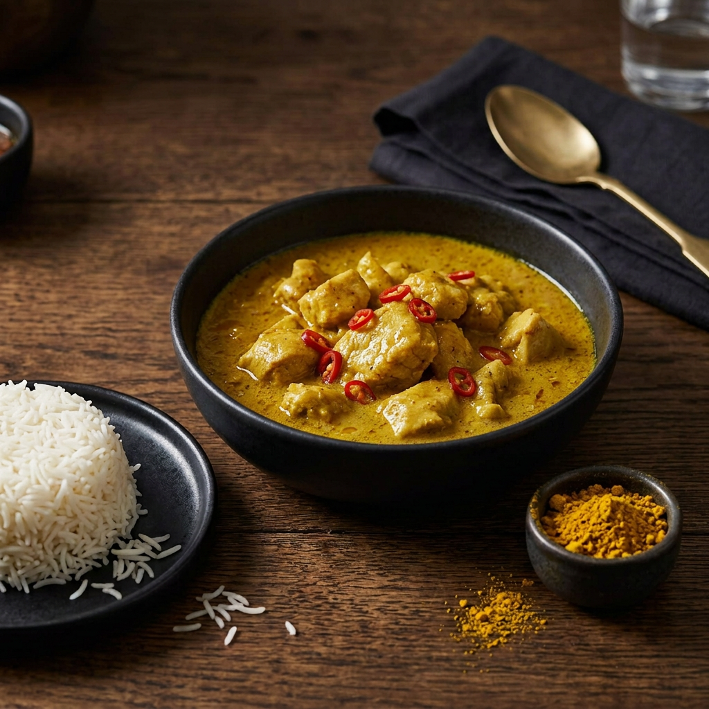 Neu gestaltetes goldgelbes Hähnchencurry mit Reis