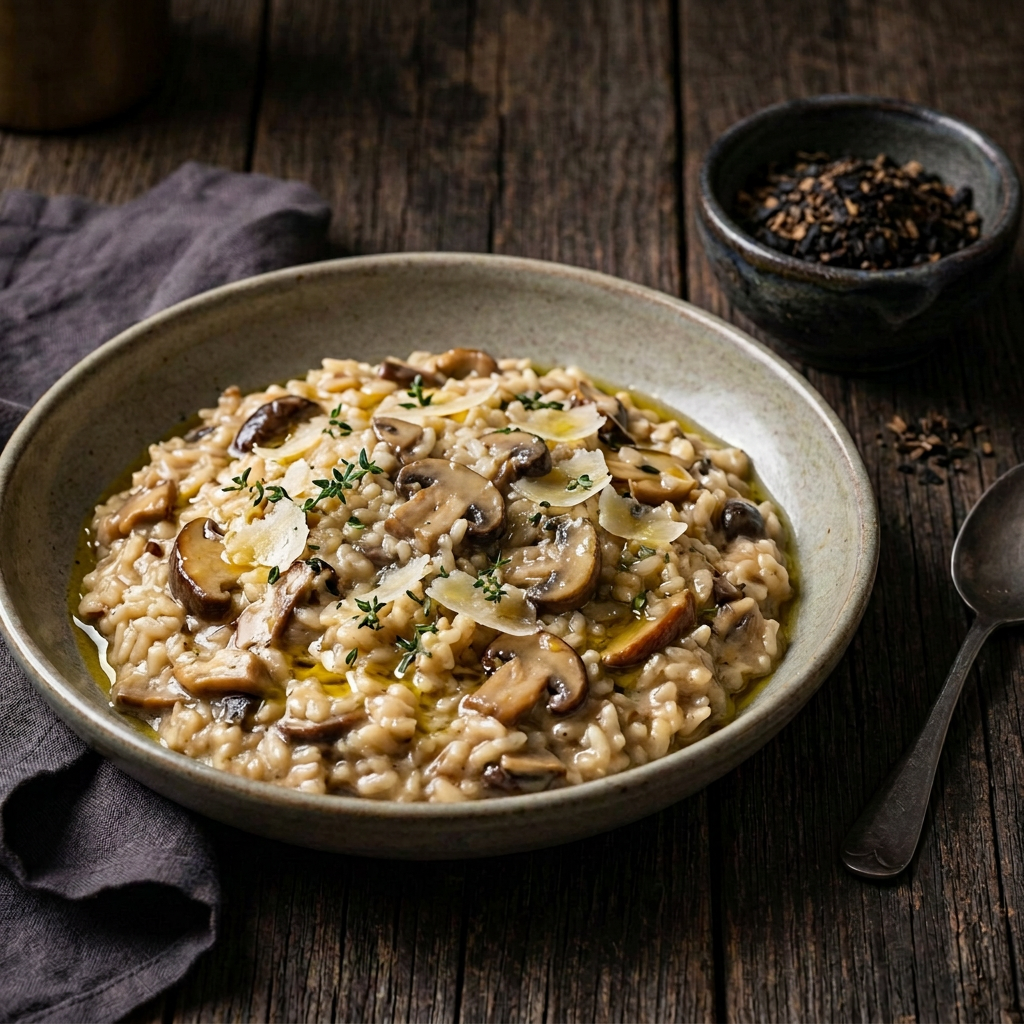 Pilzrisotto ohne ganze schwarze Knoblauchzehen