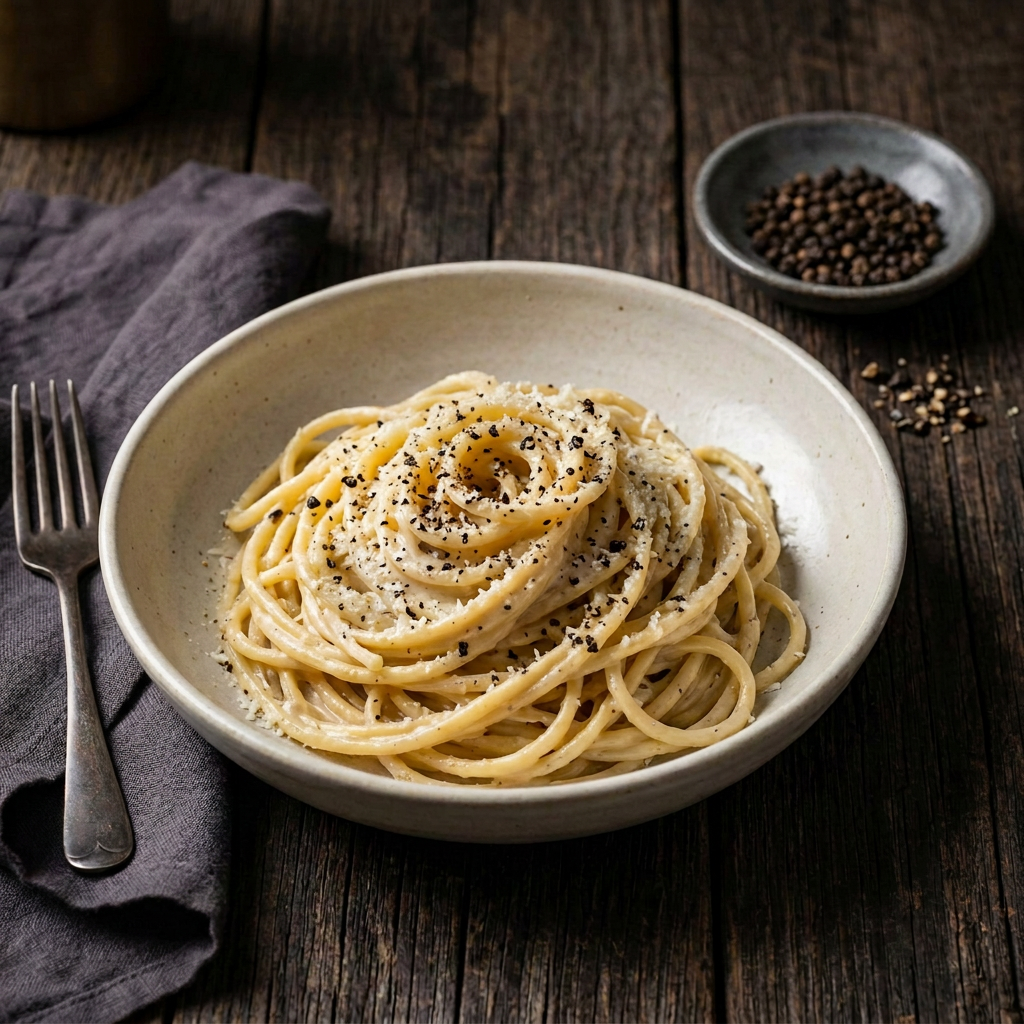 Spaghetti in cremiger Sauce mit grob zerstoßenem schwarzem Pfeffer, daneben Tellicherry-Pfefferkörner in einer Keramikschale auf dunklem Holz